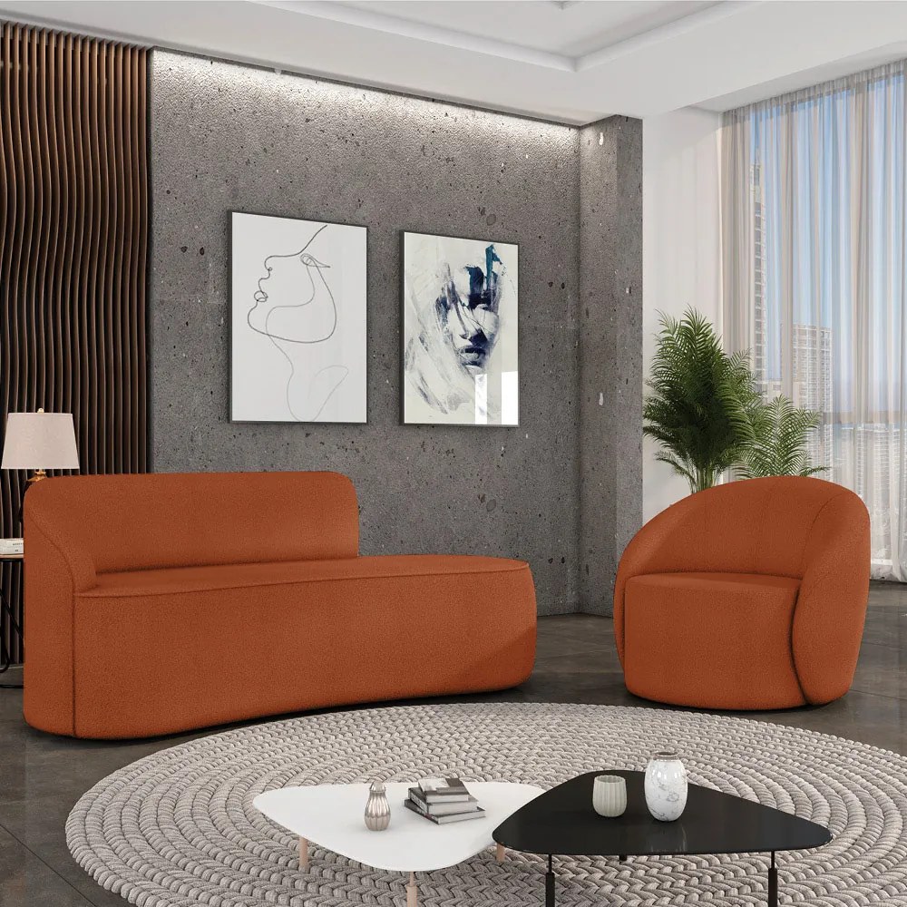 Sofá 2 Lugares Orgânico 140cm Morgan e Poltrona Lua Bouclê Terracota D03 - D'Rossi