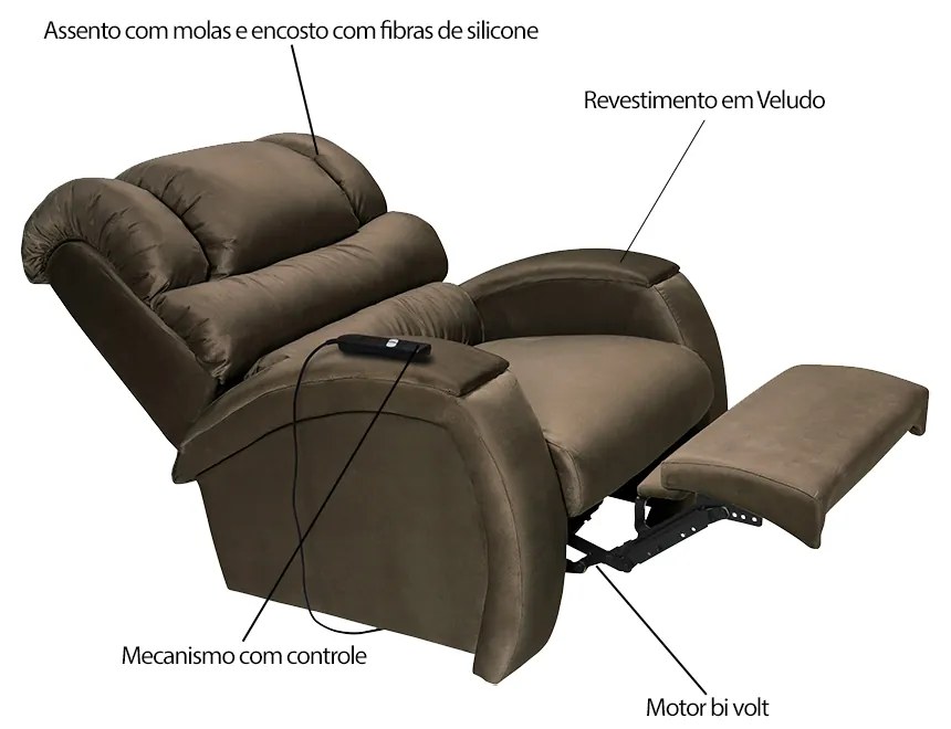 Poltrona do Papai Reclinável Elétrica com Controle Sala de Estar Oasis Veludo Marrom G23 - Gran Belo