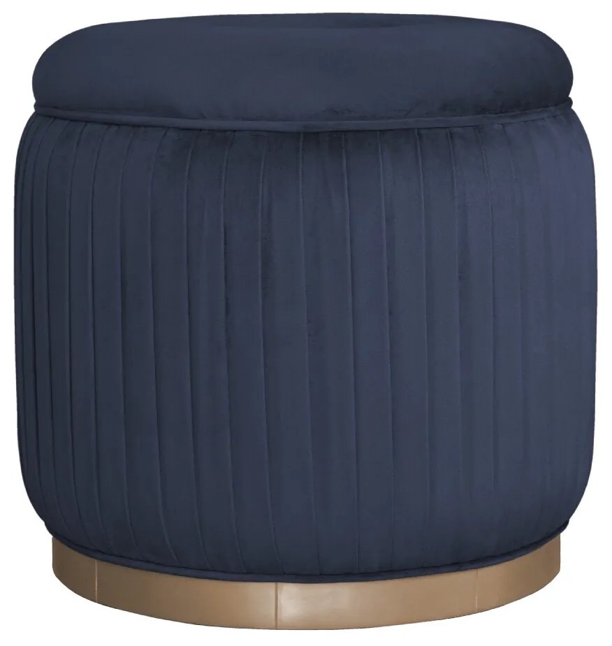 Puff Redondo Drapeado Estofado Nuni - Dourado Soleil - Tecido Veludo Azul Safira Kleiner