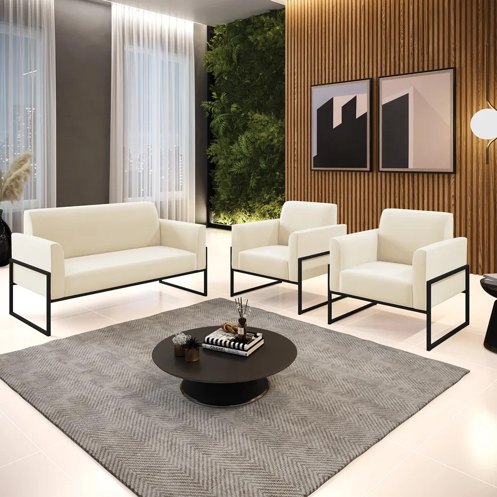Sofá Namoradeira com 2 Poltronas Base Industrial Alta Preto Marisa Veludo D03 - DRossi - Bege