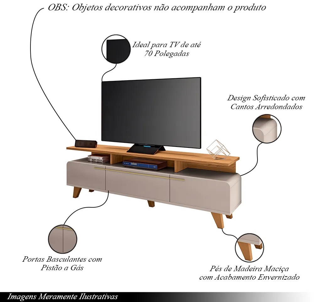 Bancada Decorativa Riven TV até 70 Pol MDP/MDF Pés de Madeira Off White/Cinamomo G26 - Gran Belo