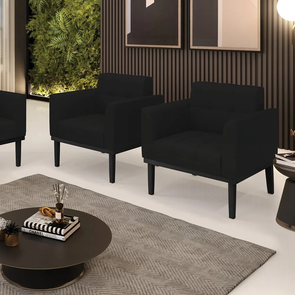 Kit 2 Poltronas Decorativas Karen Pés Fixo em Madeira Preto Linho Preto G19 - Gran Belo