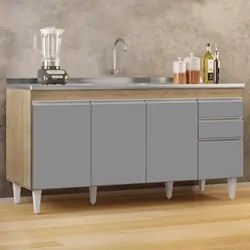 Balcão Gabinete com Pia Inox 160cm Arkansas Castanho/Cinza – Lumil