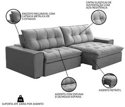 Sofá Retrátil Reclinável 3 Lugares 250cm Argon F05 Veludo Prata - Mpoz