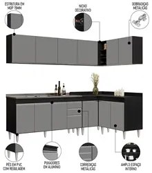 Armário de Cozinha Modulado de Canto 6 Peças CP33 com Pia Inox Preto/C
