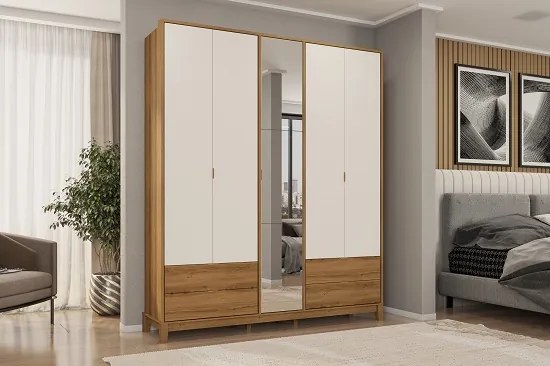 Roupeiro Grafeno Com Espelho Nature/Off White - J&A Móveis