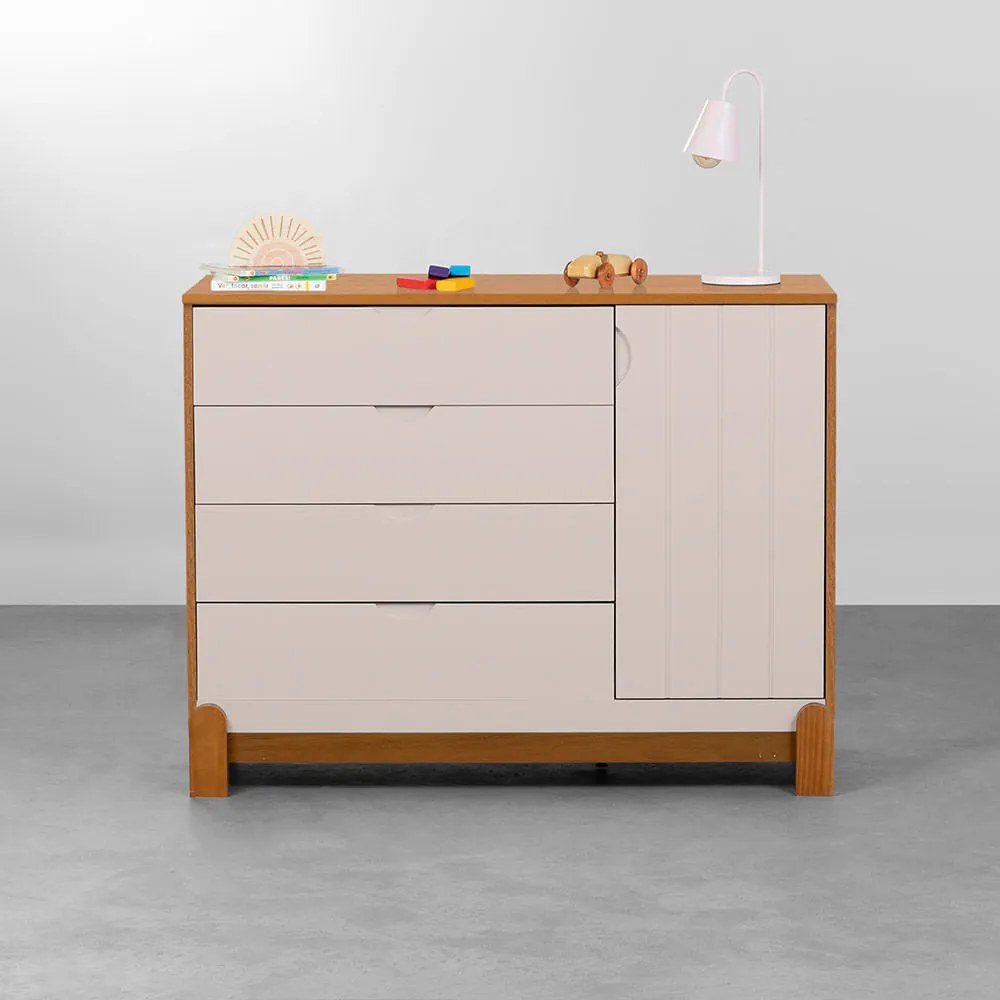 Cômoda Lotus com 4 Gavetas e 1 Porta - Areia  e Savana - Cômoda Lotus com 4 Gavetas e 1 Porta - Areia Fosco e Savana