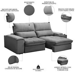 Sofá Retrátil 3 Lugares com Porta Copo 230cm Andes F05 Veludo Cinza -