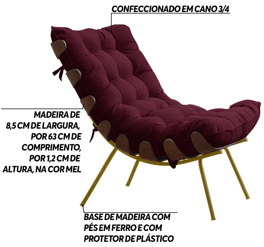 Kit 2 Poltronas Decorativas Sala de Estar Abel Base de Madeira Dourada Suede Bordô G41 - Gran Belo