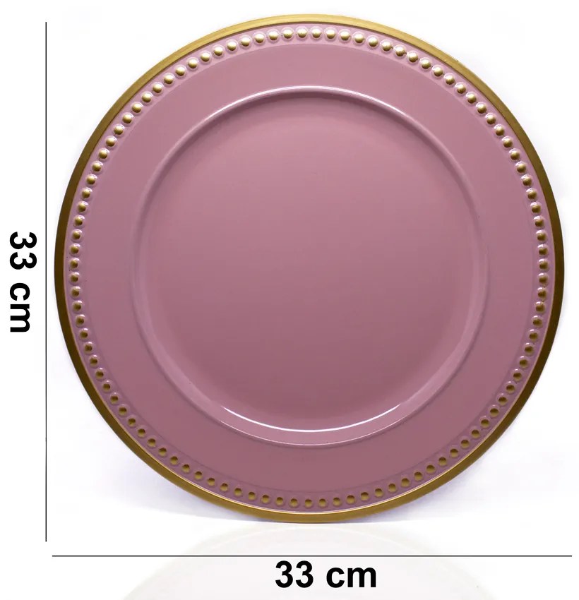 Sousplat para Prato de Mesa Decorativo Rosa Com Detalhes Em Dourado 33cm - D'Rossi