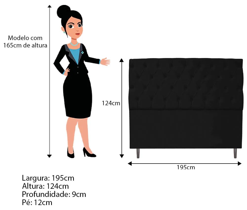 Cabeceira Estofada Liverpool 195 cm King Size Corano Preto - ADJ Decor