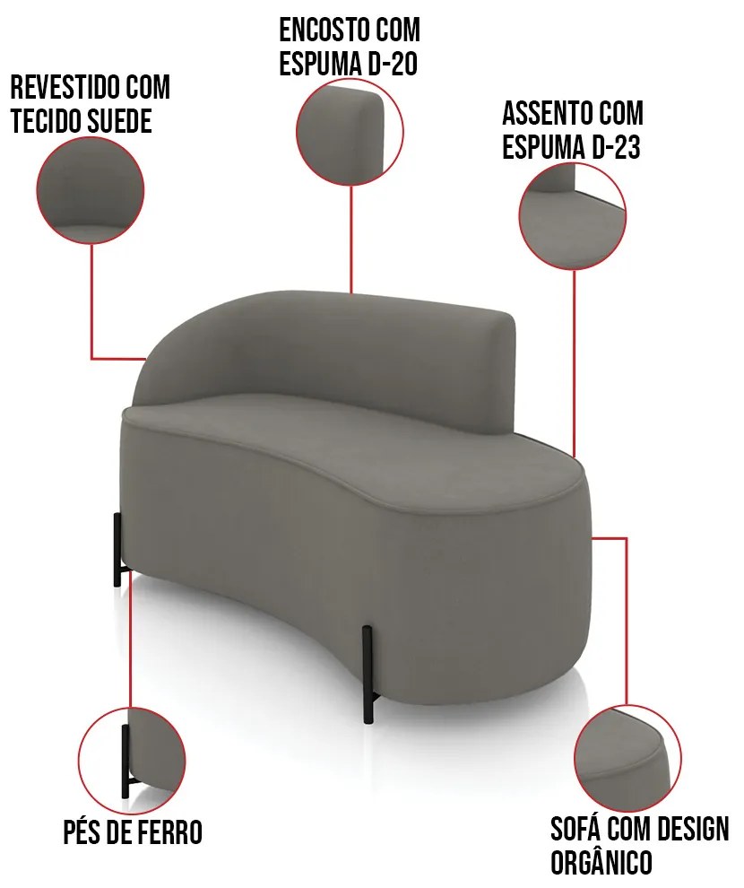 Sofá 2 Lugares Orgânico 140cm Pé Ferro Preto Morgan Suede D03 - D'Rossi - Grafite