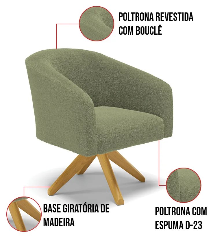 Poltrona Sala Decorativa Giratória Madeira Stella Bouclê D03 - D'Rossi - Pistache