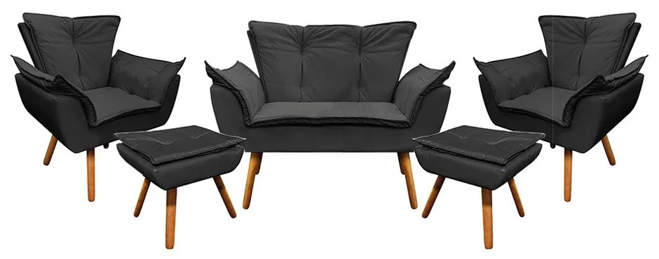 Namoradeira com 2 Poltronas e 2 Puffs Pé Palito Madeira Opala Corino D03 - D'Rossi - Preto