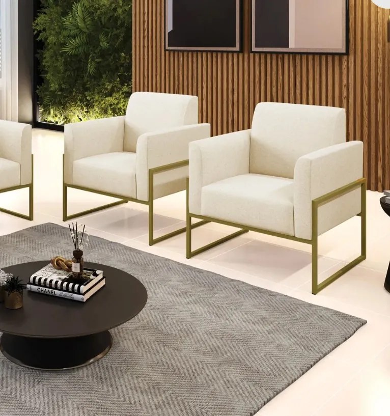 Kit 2 Poltronas Base Industrial Alta Dourado Marisa Linho - A19 Bege
