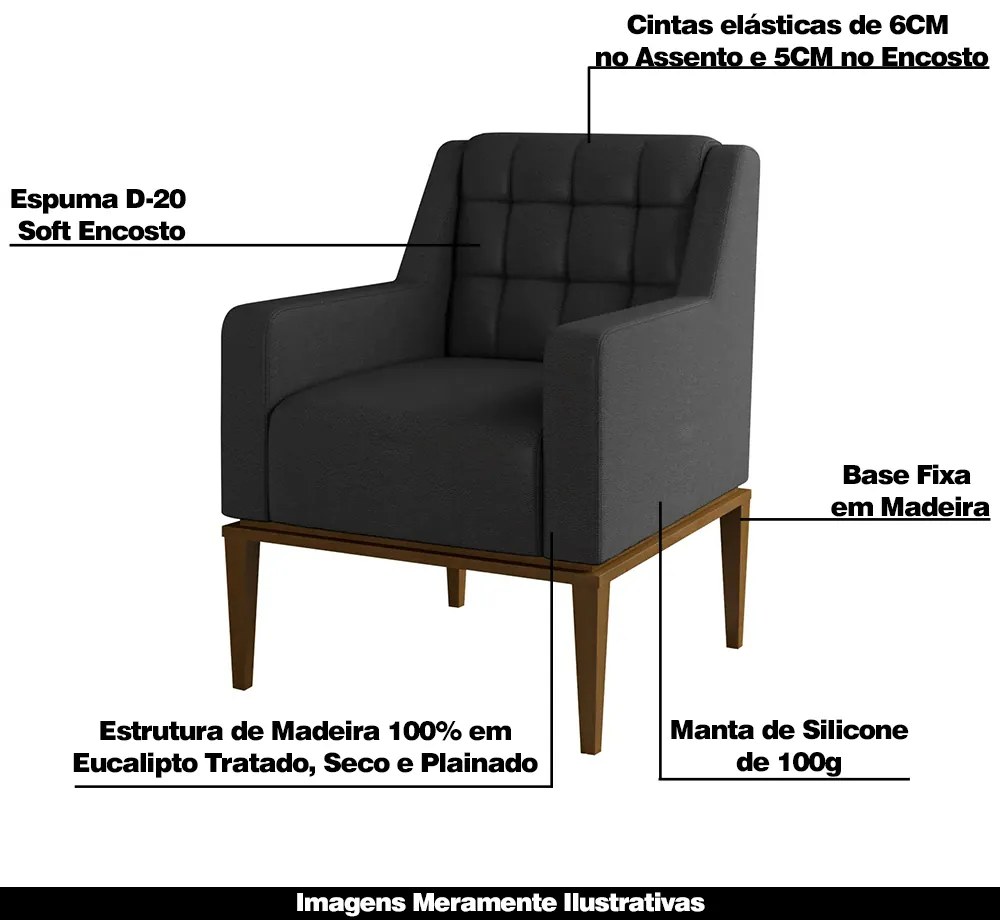 Kit 2 Poltronas Decorativas Sala de Estar Base Madeira Madonna PU Preto G52 - Gran Belo