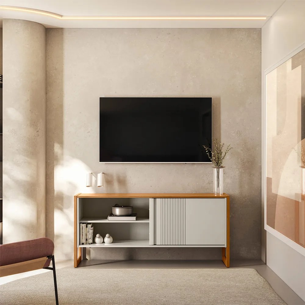 Rack Bancada Decorativo Gael MDP/MDF TV até 55 Polegadas Porta Nature/Off White G77 - Gran Belo