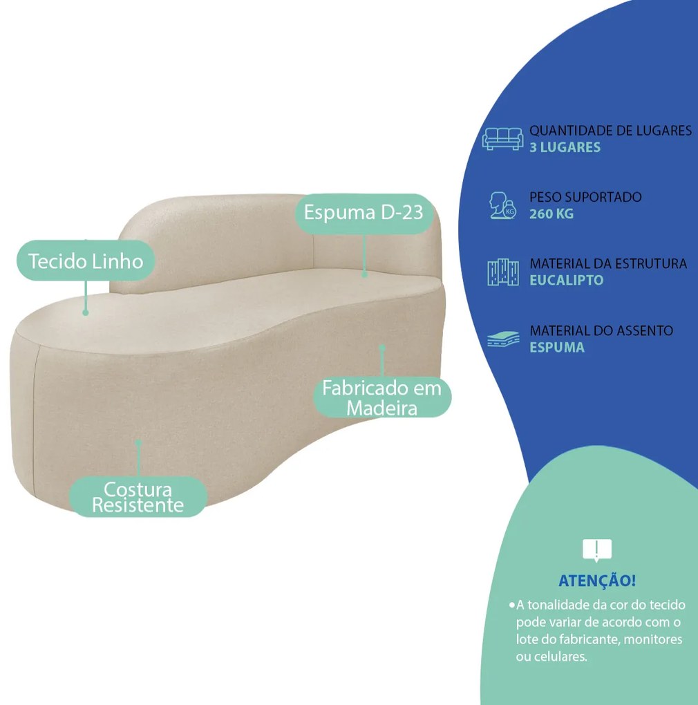 Divã Recamier Orgânico Tokyo 180cm Lado Esquerdo Linho