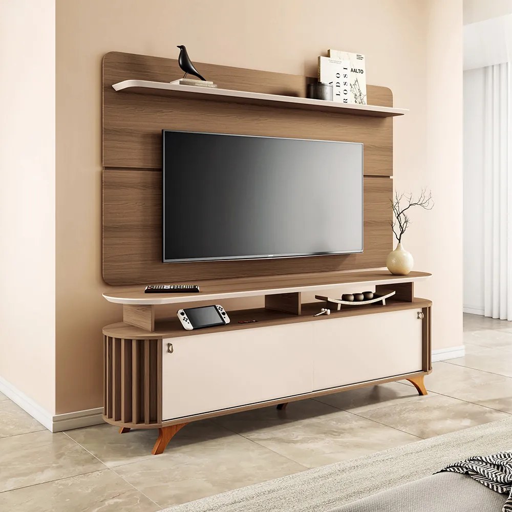Rack para Sala Bancada de TV 70 Pol 181,5cm Riley Castanho/Off White H01 - D'Rossi