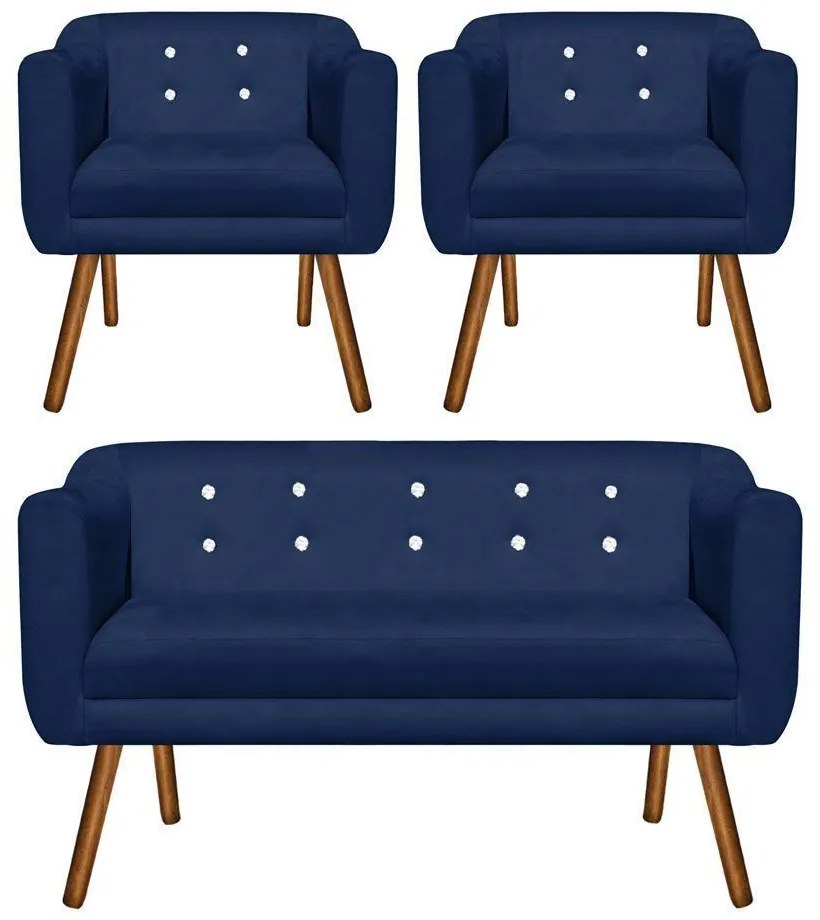Kit 01 Namoradeira 02 Lugares e 02 Poltronas Julia Suede Azul Marinho com Strass Pés Palito Castanho D'Rossi