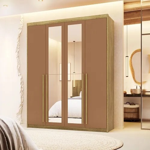 Guarda Roupa Com Espelho Dubai 4 Portas Nature/Camarim - Vila Rica Móveis