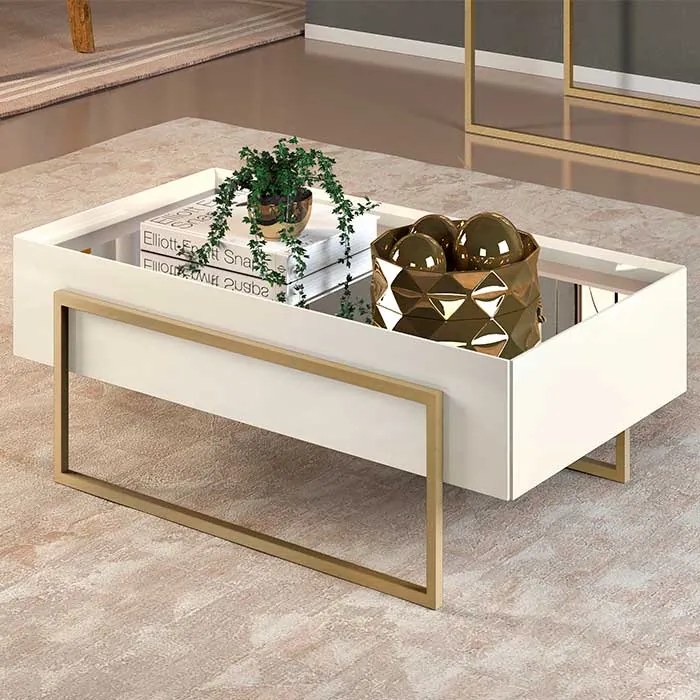 Mesa de Centro Suri 100% MDF Tampo com Espelho 91cm Off White