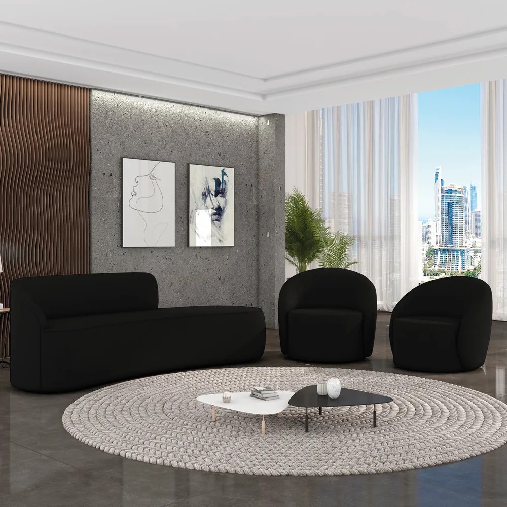Sofá 4 Lugares Orgânico 220cm Morgan e 2 Poltronas Lua Suede Preto D03 - D'Rossi