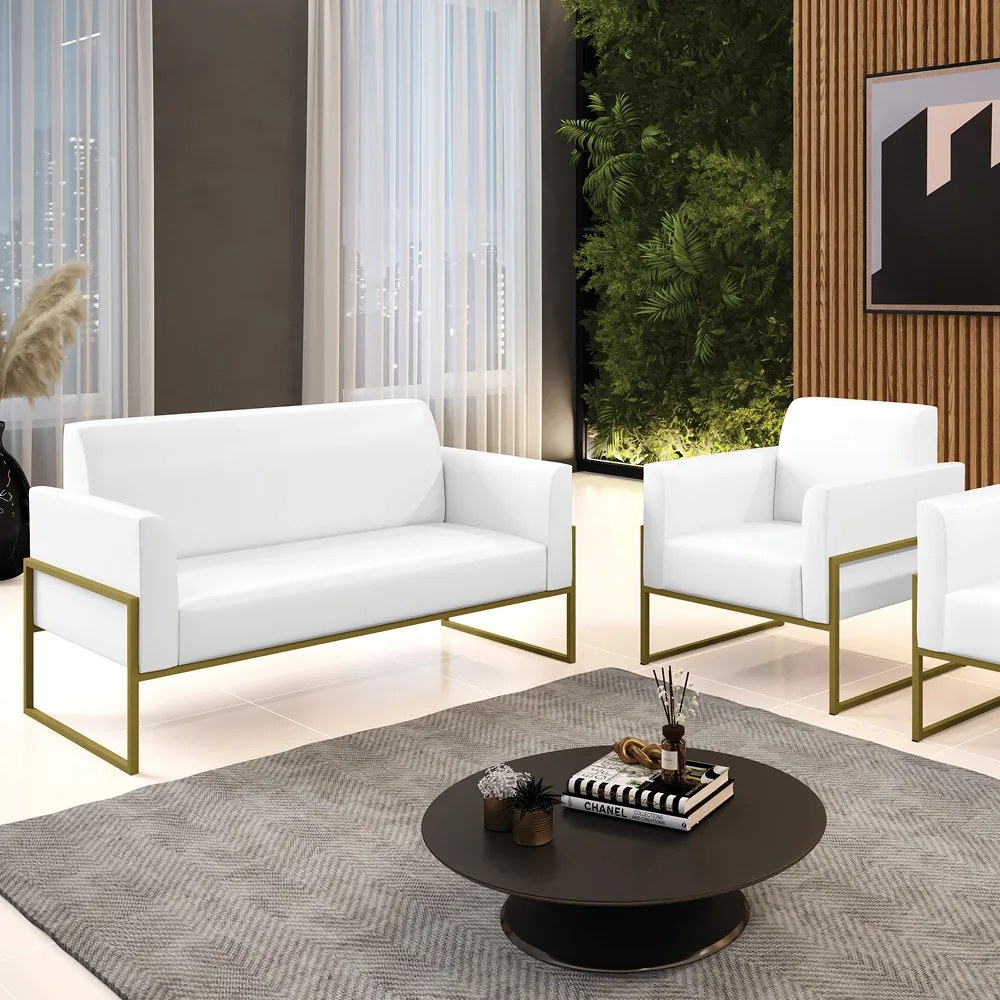 Sofá Namoradeira com Poltrona Base Industrial Alta Dourado Marisa Corano D03 - D'Rossi - Branco