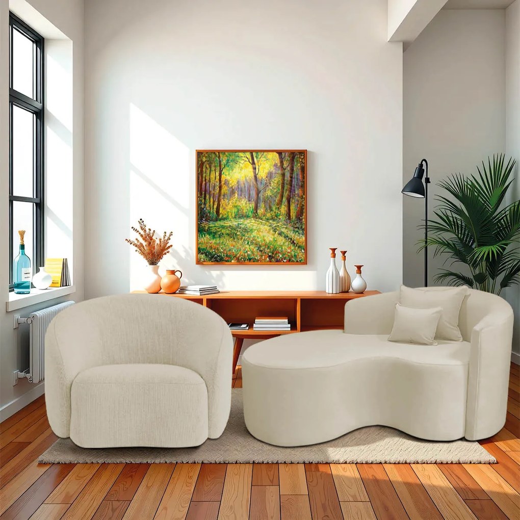 Kit Recamier Curvo Sala de Estar Inglaterra 150cm Lado Esquerdo e Poltrona Orgânica Luxo Amore Bouclé