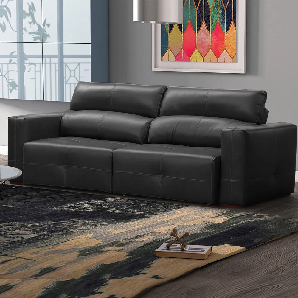 Sofá Decorativo Monica 3 Lugares Sala de estar 252cm Reclinável e Retrátil Couro Preto G40 - Gran Belo