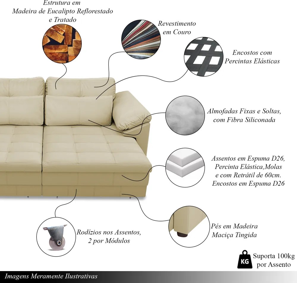 Sofá Retrátil Manual Sala de Estar Nolan Bipartido 297cm Conforto Premium em Couro Bege G58 - Gran Belo