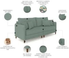Sofá 2 Lugares Living 172cm Pé Madeira Zoe Linho Verde Z08 - Mpozenat