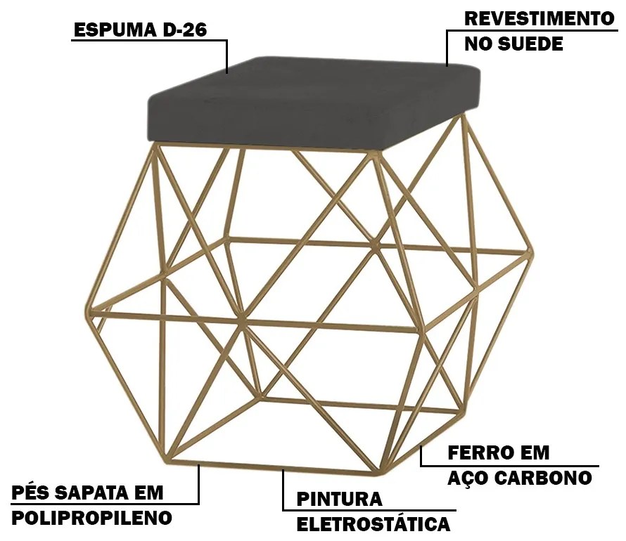 Puff Decorativo Sala de Estar Base Gold Trixie Suede Cinza G41 - Gran Belo