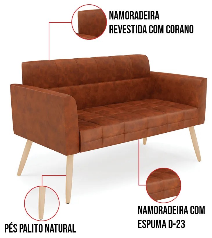 Kit 1 Sofá Namoradeira e 1 Poltrona Elisa Corano Nozes Pés Palito Natural D03 - D'Rossi