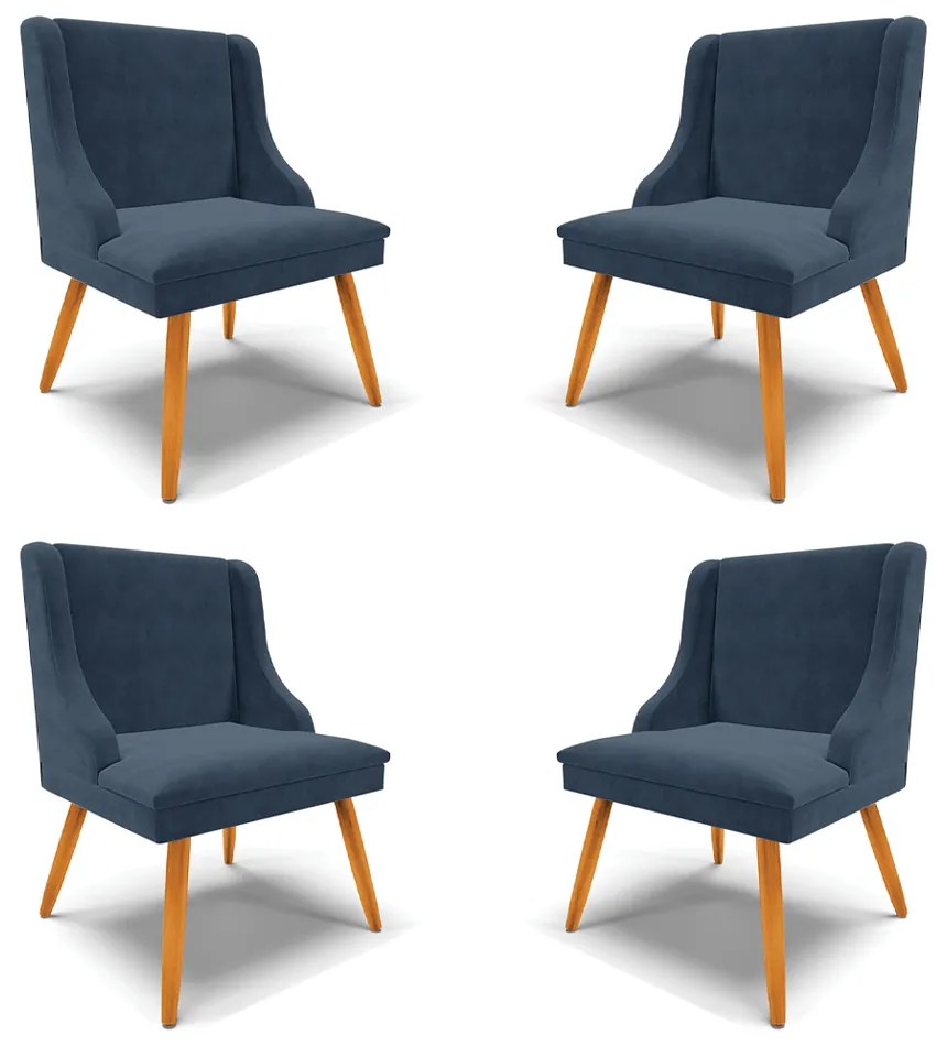 Kit 4 Cadeiras Decorativas Sala de Jantar Pés Palito de Madeira Firenze Suede Azul Marinho/Natural G19 - Gran Belo
