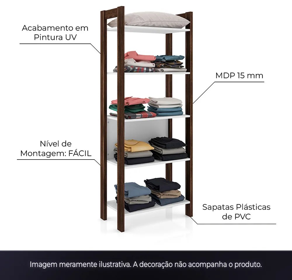 Estante 5 Prateleiras Escritório Sala de Estar Home Ofice AZ1005 MDP Branco/Nogal G69 - Gran Belo