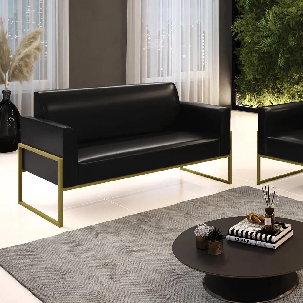 Sofá Namoradeira Base Industrial Alta Dourado Marisa Corano D03 - D'Rossi - Preto