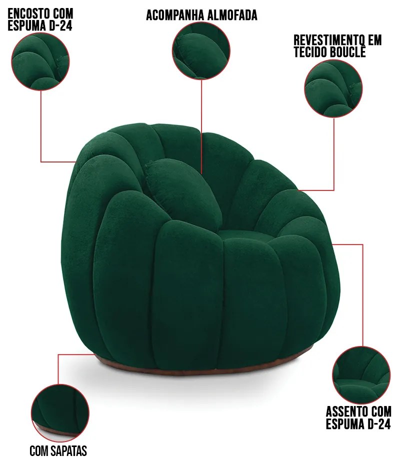 Sofá 2 Lugares com Puff e Poltrona Orgânica Fixa Cloud Bouclê E03 - D'Rossi - Verde