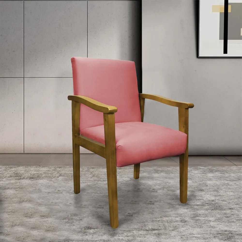 Poltrona Eloisa Suede Rosê Base de Madeira Castanho