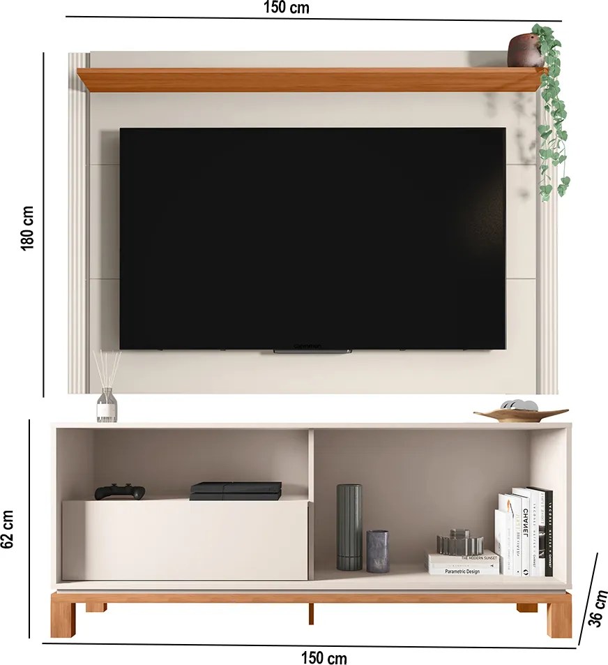 Painel TV 55 Pol 150cm com Rack Bancada para Sala Visari C01 - D'Rossi - Off White/Freijó