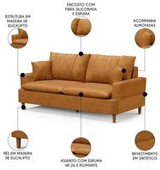 Sofá 3 Lugares 180cm Living Pés de Madeira Veras D05 Sintético Whisky