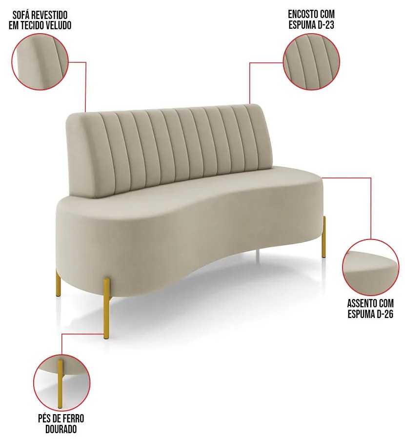 Poltrona Orgânica 2 Lugares 135cm Pé Ferro Dourado Maraú Veludo K01 - D'Rossi - Bege