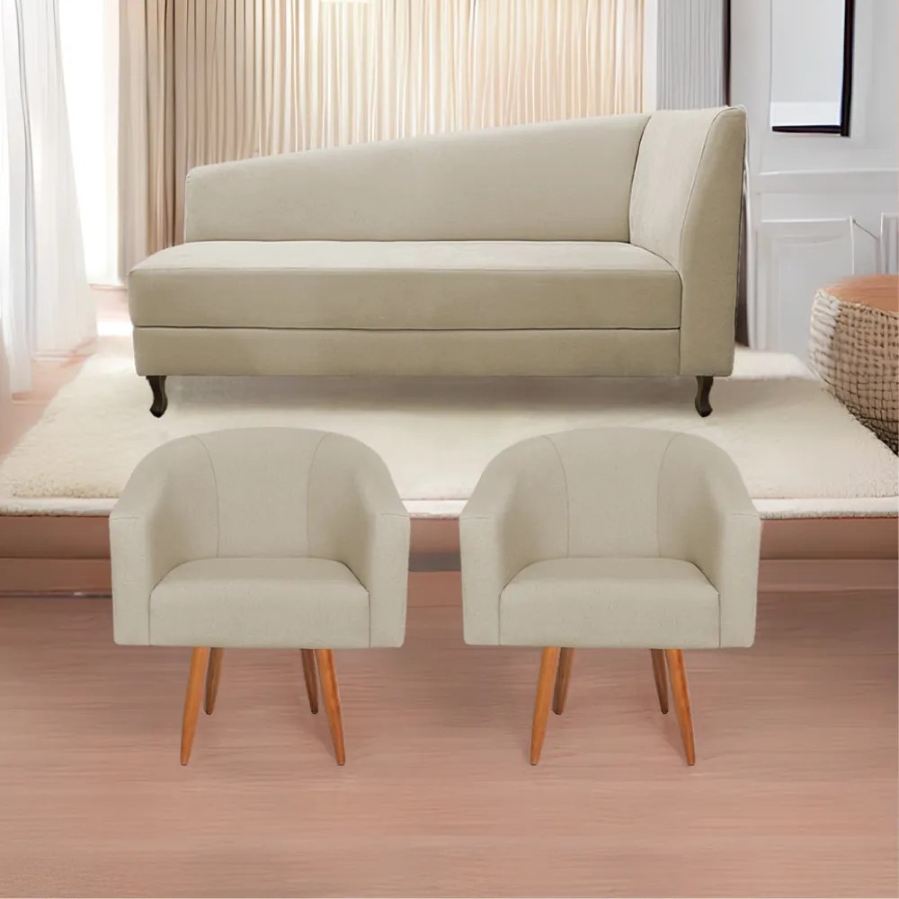 Kit Divã Recamier Heitor 160cm Lado Esquerdo e 02 Poltronas Luiza Suede - ADJ Decor