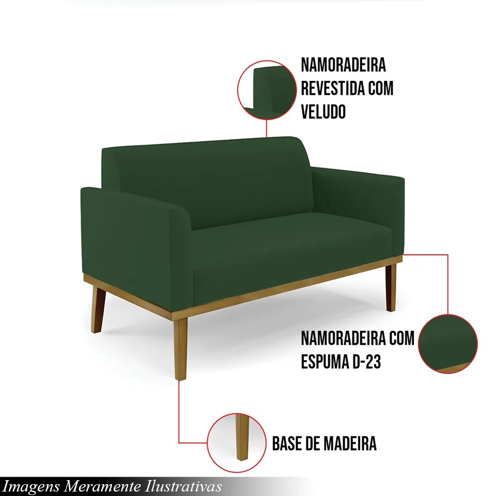 Poltrona Namoradeira Decorativa Isabella Pés Fixo em Madeira Castanho Veludo Verde Esmeralda G19 - Gran Belo