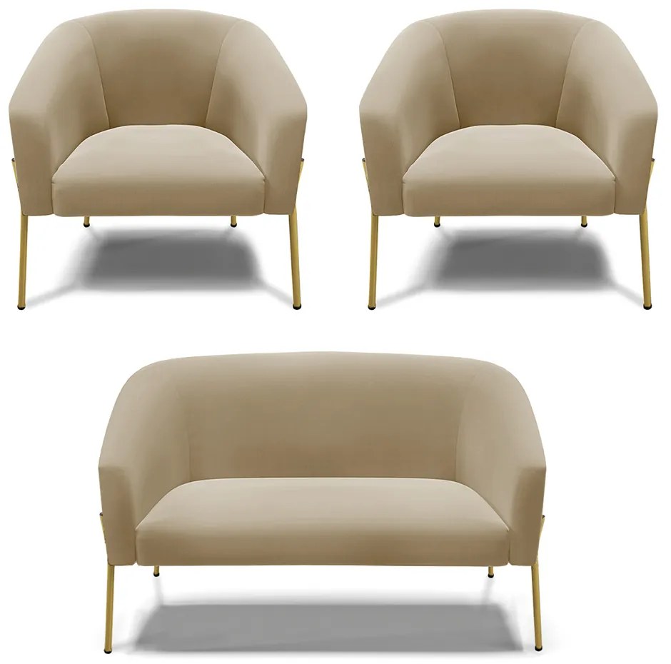 Namoradeira e 2 Poltronas Pé de Ferro Dourado Stella Suede D03 - D'Rossi - Marrom Rato