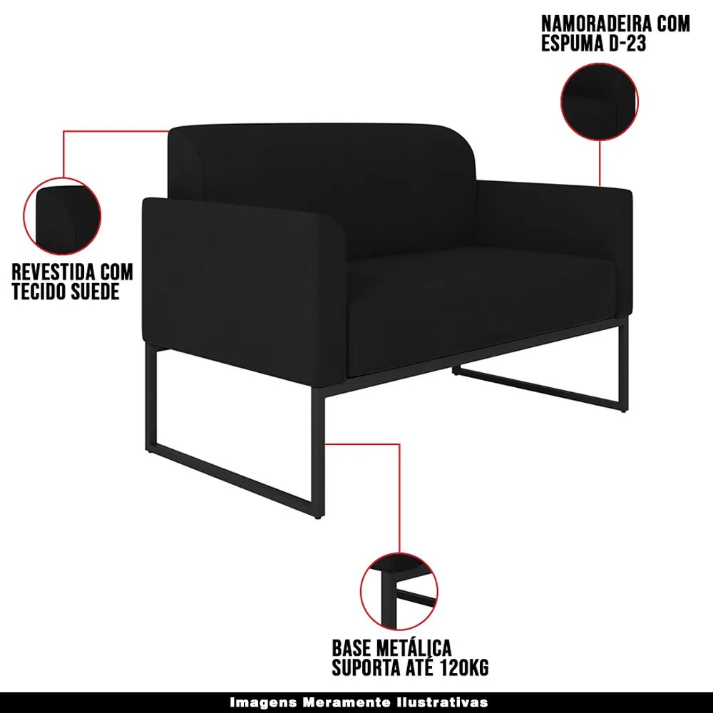 Poltrona Namoradeira Decorativa Isabella Base Industrial Suede Preto G19 - Gran Belo