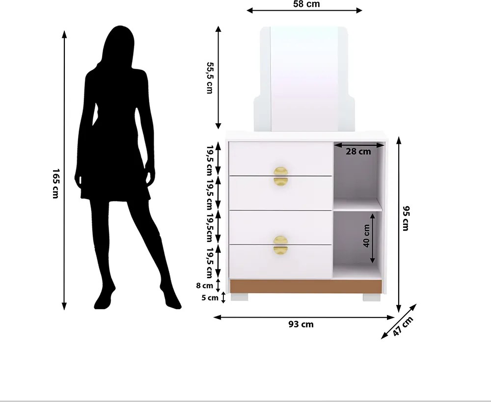 Cômoda Quarto 95cm com Espelho 1 Porta Kenia Flex Branco/Camarim V01 - D'Rossi