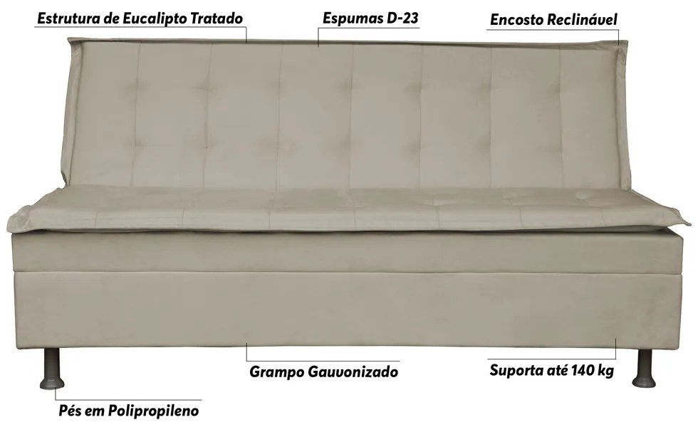 Sofá Cama Decorativo 2 Lugares Encosto Reclinável 190cm Impala Suede Bege G23 - Gran Belo