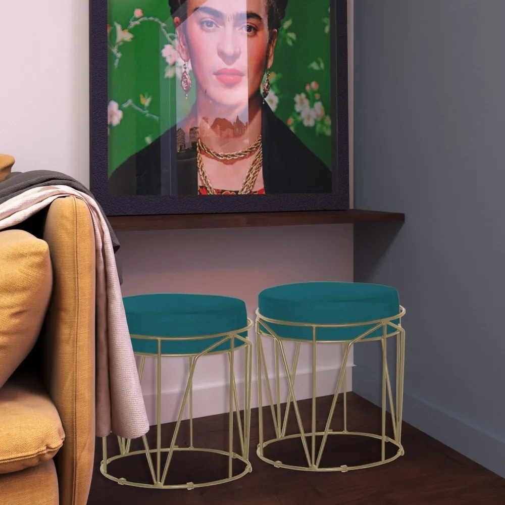 Puff Decorativo Sala de Estar Base Gold Chloe Suede Azul Claro G41 - Gran Belo