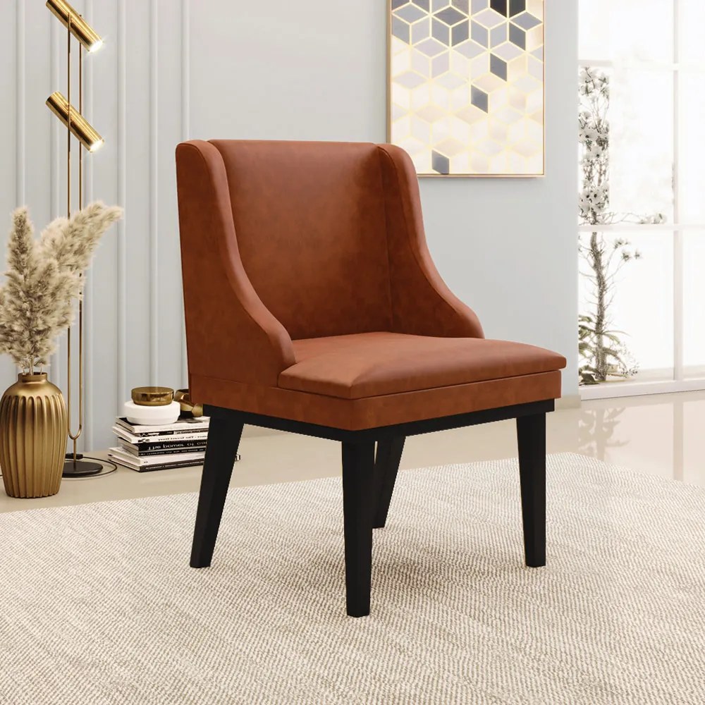 Poltrona Decorativa Base Fixa de Madeira Firenze PU Nozes/Preto G19 - Gran Belo